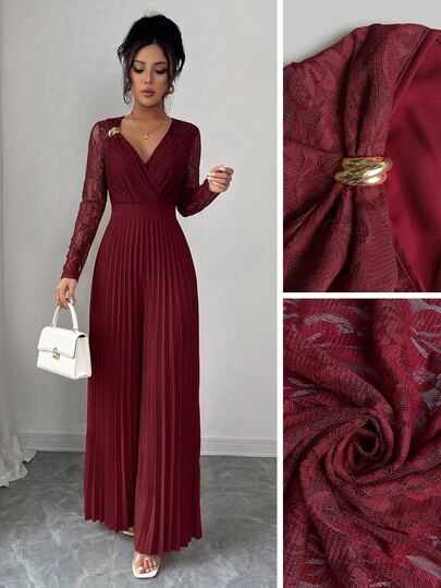 Elenzga Women's All-Season Elegant Versatile Burgundy Lace Patchwork Deep V-Neck Metal Buckle Decor Fitted Slimming Long Sleeve Pleated Design Wide Leg Jumpsuit
