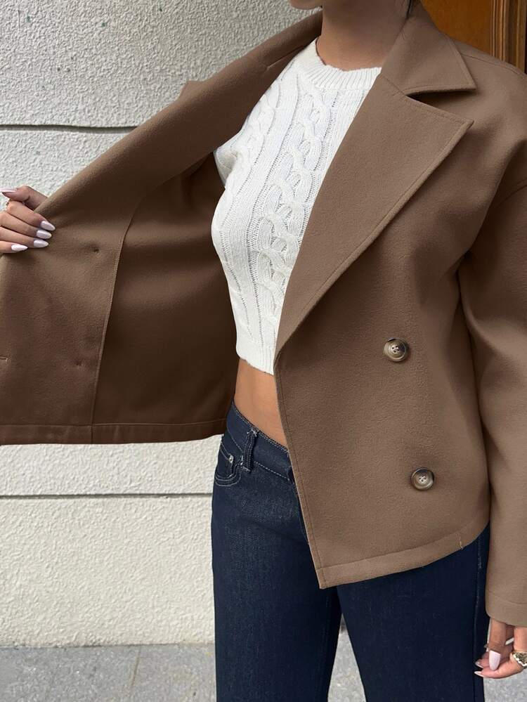 Sunnyshic Apricot Double-Sided Wool Lapel Open Front Double-Breasted Button Pocket Long Sleeve Short Coat, Fashionable Commuter Office Casual Elegant Vintage Preppy Daily Dating Women's Autumn/Winter - Brown - View 8