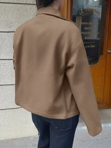 Sunnyshic 杏色雙面羊毛翻領開襟雙排扣口袋長袖短大衣，時尚通勤辦公休閒優雅復古學院風日常約會女款秋冬 - 棕色 - 查看 2