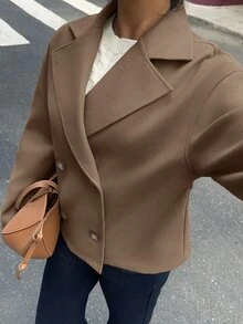 Sunnyshic 杏色雙面羊毛翻領開襟雙排扣口袋長袖短大衣，時尚通勤辦公休閒優雅復古學院風日常約會女款秋冬 - 棕色 - 查看 5