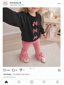 SHEIN Elladie kids 2件組幼女運動衫喇叭褲套裝，甜美可愛公主風，黑粉配色，三重蝴蝶結緞帶，長袖圓領中磅，派對秋季芭蕾舞套裝 - 彩色 - 查看 10