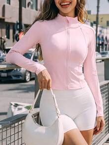 Sovereign Charm Women's Solid Color Front Zipper Slim Fit Cycling Jersey - Pink - View 8