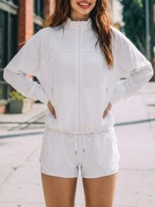 SHEIN Sovereign Charm جاكيت رياضي كاجوال متعدد الاستخدامات بلون موحد - أبيض - مشاهدة 10