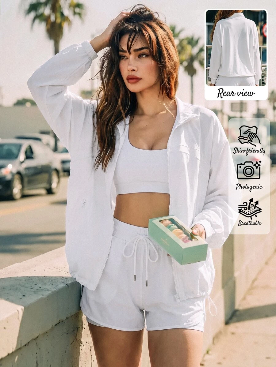 SHEIN Sovereign Charm جاكيت رياضي كاجوال متعدد الاستخدامات بلون موحد - أبيض - مشاهدة 1