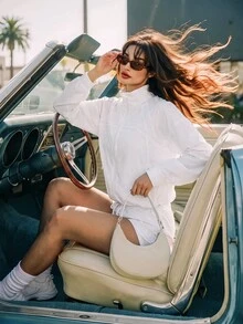 SHEIN Sovereign Charm جاكيت رياضي كاجوال متعدد الاستخدامات بلون موحد - أبيض - مشاهدة 7