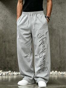 ROMWE MEN Street Life Men's Letter Print Drawstring Waist Loose Fit Sweatpants - Apricot - View 10