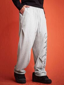 ROMWE MEN Street Life Men's Letter Print Drawstring Waist Loose Fit Sweatpants - Apricot - View 4