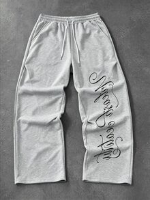 ROMWE MEN Street Life Men's Letter Print Drawstring Waist Loose Fit Sweatpants - Apricot - View 8