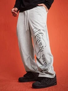 ROMWE MEN Street Life Men's Letter Print Drawstring Waist Loose Fit Sweatpants - Apricot - View 1