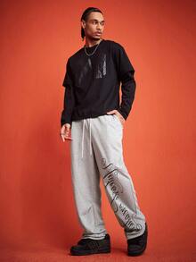 ROMWE MEN Street Life Men's Letter Print Drawstring Waist Loose Fit Sweatpants - Apricot - View 2