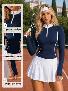 CourtClass CourtClass Women Seamless Quarter Zip Sports Top Long Sleeve Golf Tennis Shirt Slim Fit Activewear - Navy Blue - View 1