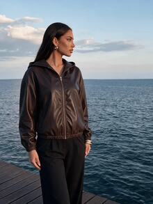 Sirith Women's Zipper Pocket Long Sleeve PU Material Hooded Jacket - Brown - View 7