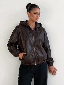 Sirith Women's Zipper Pocket Long Sleeve PU Material Hooded Jacket - Brown - View 2