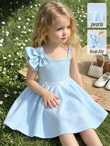 Elladie kids 女童淺藍色單肩洋裝，珍珠腰部蝴蝶結設計，無袖A字領派對洋裝，返校服裝、婚禮穿搭、夏季款 - 藍色 - 查看 4