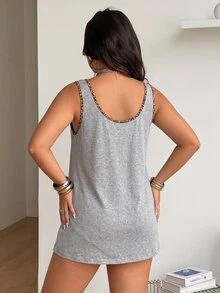 Coolane بلوزة كاميسول نسائية مقاس كبير للصيف والخريف، كاجوال للعطلات والموضة والشارع الأنيق والتنقل اليومي، بطبعة نمر وتفاصيل باتشوورك، رمادية - رمادي - مشاهدة 4