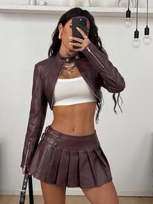 Coolane Women's All-Season Fall Going Out Streetwear Sexy Y2k Chic Rave Outfit Punk Stretchy Leather Tan Fitted Long Sleeve Crop Jacket Bomber Jacket - Brown - View 6