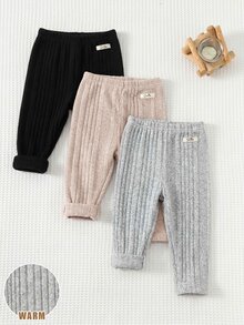 SHEIN 女嬰可愛休閒百搭極簡純色鬆緊腰長褲 3件組 - 杏色 - 查看 3