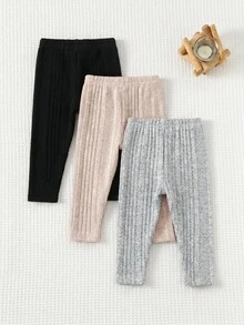 SHEIN 女嬰可愛休閒百搭極簡純色鬆緊腰長褲 3件組 - 杏色 - 查看 2