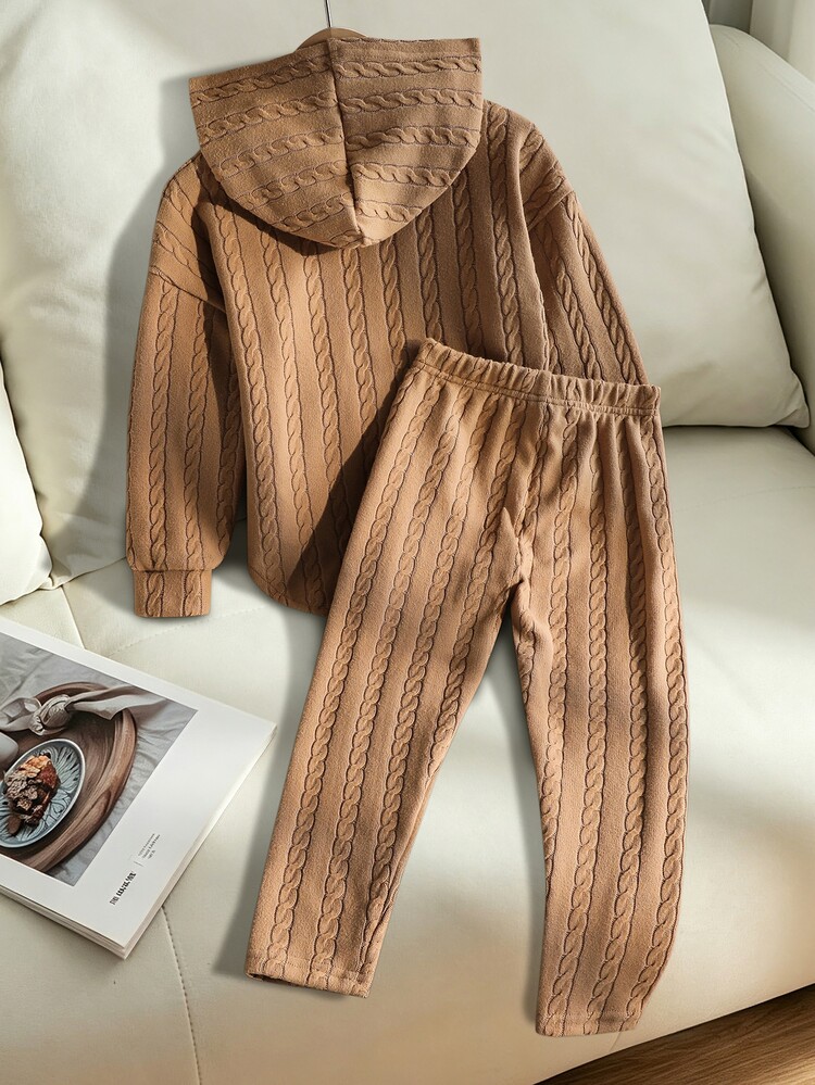 Genkimix Kids Girlss New Cable Knit Jacquard Hooded Long Sleeve Top And Elastic Waist Casual Loose Soft Knit Pants 2 Piece Set Back To School Spring Fall - Khaki - View 2