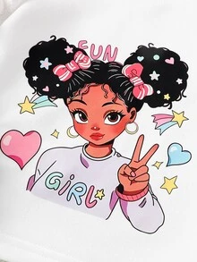 女嬰卡通印花運動衫 + 黑色牛仔效果長褲休閒兩件套，適合休閒外出與運動 - 彩色 - 查看 8