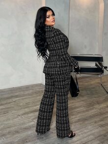 SHEIN SXY 秋冬性感通勤約會深藍色長袖西裝外套、背心與長褲三件套 - 黑與白 - 查看 2