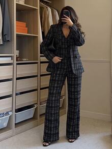 SHEIN SXY 秋冬性感通勤約會深藍色長袖西裝外套、背心與長褲三件套 - 黑與白 - 查看 1