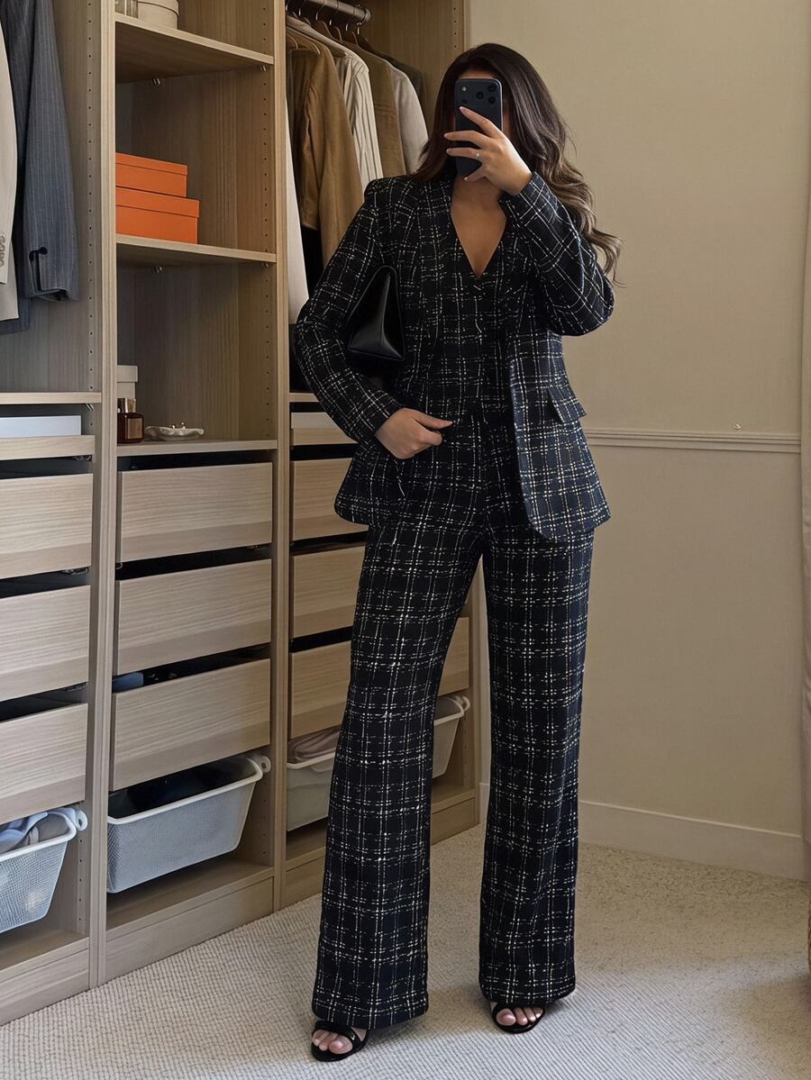 SHEIN SXY 秋冬性感通勤約會深藍色長袖西裝外套、背心與長褲三件套 - 黑與白 - 查看 1