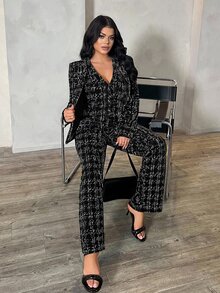 SHEIN SXY 秋冬性感通勤約會深藍色長袖西裝外套、背心與長褲三件套 - 黑與白 - 查看 5