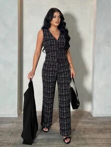 SHEIN SXY 秋冬性感通勤約會深藍色長袖西裝外套、背心與長褲三件套 - 黑與白 - 查看 6