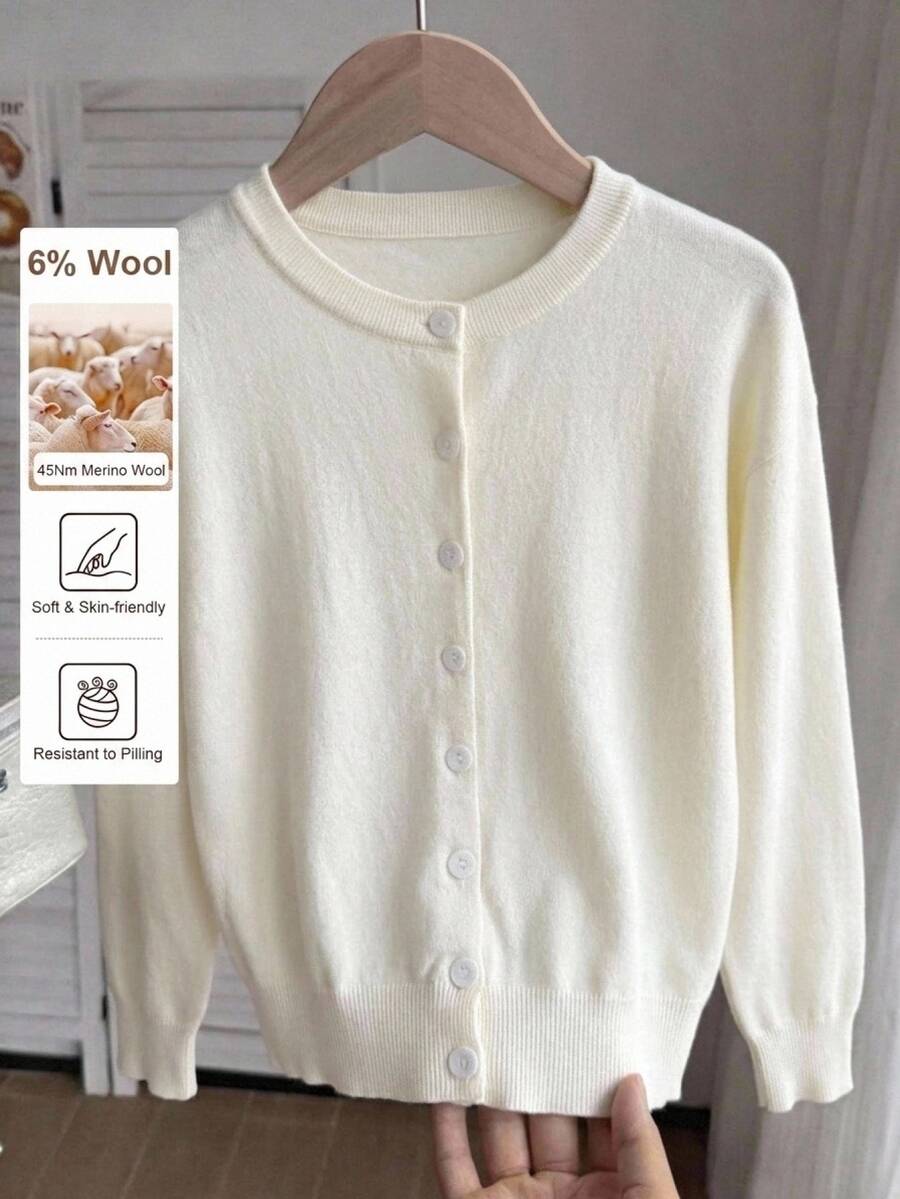 SHEIN Girls' Fashion Casual Fresh Short Solid Color Autumn/Winter Hooded Knit Cardigan Sweater - Beige - View 1