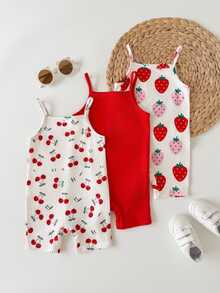 SHEIN Baby Girls Cherry And Strawberry Patterned Rompers For Summer Playtime, 3 Pieces Set - Red - View 8