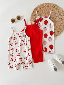 SHEIN Baby Girls Cherry And Strawberry Patterned Rompers For Summer Playtime, 3 Pieces Set - Red - View 2