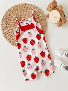 SHEIN Baby Girls Cherry And Strawberry Patterned Rompers For Summer Playtime, 3 Pieces Set - Red - View 5