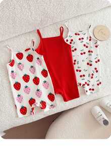 SHEIN Baby Girls Cherry And Strawberry Patterned Rompers For Summer Playtime, 3 Pieces Set - Red - View 7