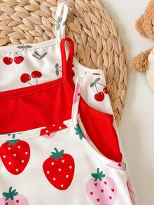 SHEIN Baby Girls Cherry And Strawberry Patterned Rompers For Summer Playtime, 3 Pieces Set - Red - View 3