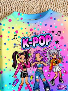 女童可愛卡通女團印花 K-Pop 紮染圓領長袖運動衫與內搭褲 2 件套，適合秋冬穿著 - 彩色 - 查看 5