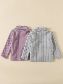 SHEIN Playful Pals 2件裝女嬰套頭毛衣 可愛甜美 紫灰色 羅紋毛絨內裡 長袖高領 加厚保暖 生日派對 冬季 萬聖節 秋季 - 彩色 - 查看 3