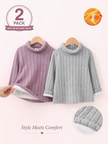 SHEIN Playful Pals 2件裝女嬰套頭毛衣 可愛甜美 紫灰色 羅紋毛絨內裡 長袖高領 加厚保暖 生日派對 冬季 萬聖節 秋季 - 彩色 - 查看 9