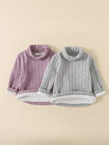 SHEIN Playful Pals 2件裝女嬰套頭毛衣 可愛甜美 紫灰色 羅紋毛絨內裡 長袖高領 加厚保暖 生日派對 冬季 萬聖節 秋季 - 彩色 - 查看 7