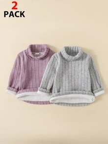 SHEIN Playful Pals 2件裝女嬰套頭毛衣 可愛甜美 紫灰色 羅紋毛絨內裡 長袖高領 加厚保暖 生日派對 冬季 萬聖節 秋季 - 彩色 - 查看 8