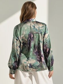 Chikora 大尺碼優雅商務休閒前綁帶長袖襯衫，鼠尾草綠色，適合辦公室、時裝週、正式場合、教師節、秋季 - 綠色 - 查看 2