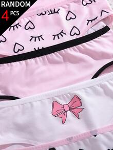 [4pcs Random] All Season Back To School Cute Girl Pattern Printed Pink Eyes Bow Heart Color Scheme Triangle Panties For Girls - Multicolor - View 3
