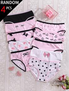 [4pcs Random] All Season Back To School Cute Girl Pattern Printed Pink Eyes Bow Heart Color Scheme Triangle Panties For Girls - Multicolor - View 1