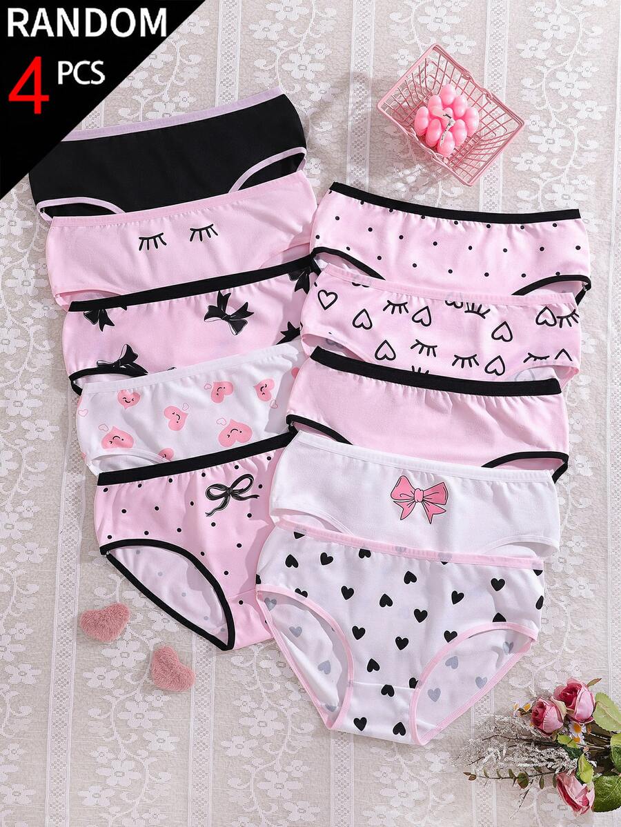 [4pcs Random] All Season Back To School Cute Girl Pattern Printed Pink Eyes Bow Heart Color Scheme Triangle Panties For Girls - Multicolor - View 1
