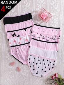 [4pcs Random] All Season Back To School Cute Girl Pattern Printed Pink Eyes Bow Heart Color Scheme Triangle Panties For Girls - Multicolor - View 2