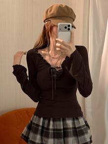 DAZY Solid Frill Trim Tie Front Tee Fall - Coffee Brown - View 4