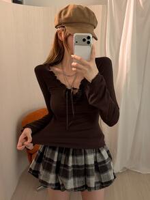 DAZY Solid Frill Trim Tie Front Tee Fall - Coffee Brown - View 6
