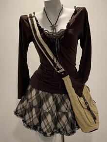DAZY Solid Frill Trim Tie Front Tee Fall - Coffee Brown - View 1