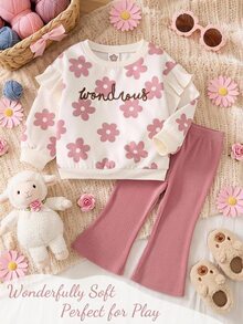 Cozy Pixies Baby Girl Floral Pattern Fleece Lined Thick Crew Neck Long Sleeve Pullover Sweatshirt Solid Color Knit Soft Elastic Waist Autumn Pants 2-Piece Set - Multicolor - View 1