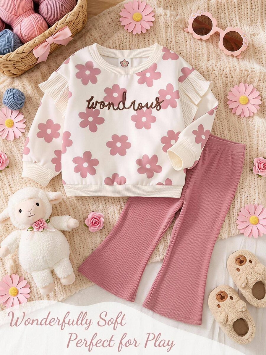 Cozy Pixies Baby Girl Floral Pattern Fleece Lined Thick Crew Neck Long Sleeve Pullover Sweatshirt Solid Color Knit Soft Elastic Waist Autumn Pants 2-Piece Set - Multicolor - View 1